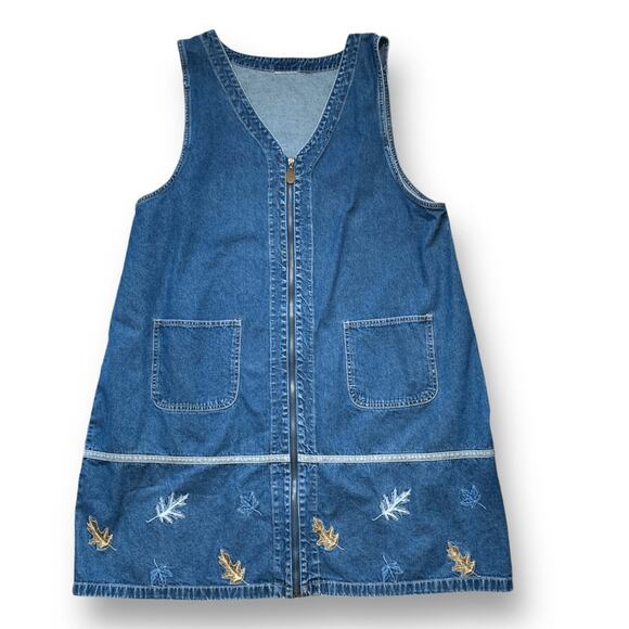 Vintage 90s Denim Jumper Dress Zip Front Autumn Leaf Embroidery Sleeveless Plus - Picture 2 of 12